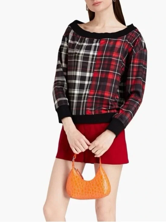Alice + Olivia Natalie Mix Plaid Off The Shoulder Sweatshirt - Picture 1 of 12